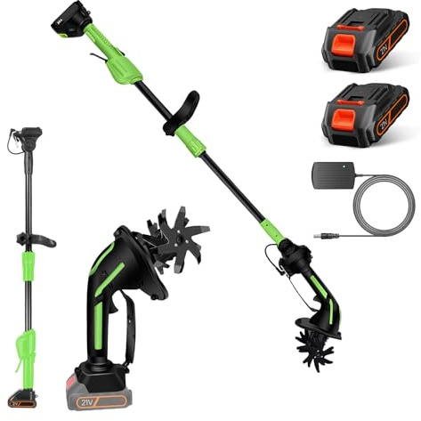 Akku-Gartenfräse, 2-in-1 Akku Bodenhacke mit 21V Batterie, 1.3 m Verlängerungsstange, 10 cm Fräsbreite und Frästiefe, 4 Klingen aus Manganstahl, Elektro-Tiller für Garten (Akkux2)