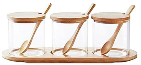 NONDK Contenedor de Condimentos de Bambú con Tapa y Cuchara. Juego de Caja para Condimentos, Utilizado para Almacenar Condimentos, Sal y Azúcar.