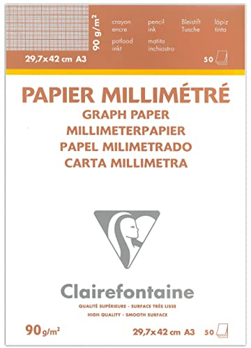 Clairefontaine 97136C Millimeterpapier Block verleimt (A3, 90 g, 50 Blatt) weiß