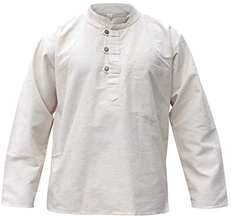 Shopolic Fashion enkelt hamptyg ståkrage hippie morfar skjorta för män, kräm, 4XL