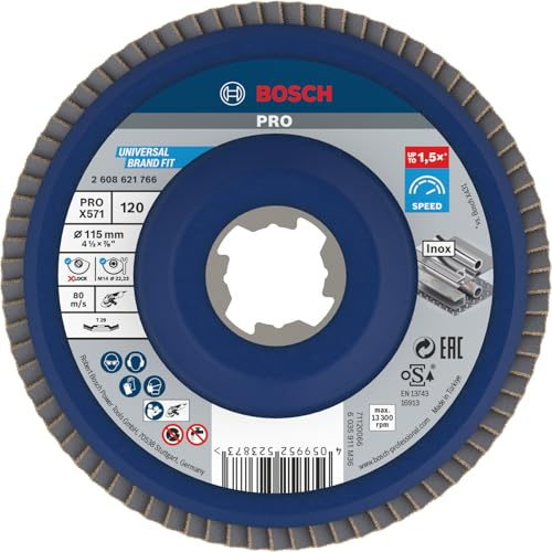 Bosch Professional 1x Fächerschleifscheibe X571 Best for Metal X-LOCK (für Metall, Ø 115 mm, P 120, gewinkelte Ausführung, Zubehör Winkelschleifer) | für Stahl, Edelstahl, Körnung 120, Professional Zubehör Kleiner Winkelschleifer