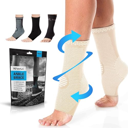 POWERLIX Sprunggelenkbandage 2 Stück, Professionelle Knöchelbandage für Damen/Männer Kompressionssocken Fußbandage für Plantarfasziitis, Arthritis, ACL, Gelenkschmerzen,Fersensporn, Sport, Beige, XL