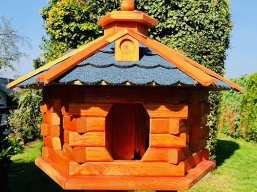 DARLUX Handgefertigtes sechseck Holz Vogelhaus M-XXL mit und ohne Ständer | Futterhaus I Futterhäuschen I wetterfest I Bitumdach (Größe XL ohne Ständer, Blau - Braun )