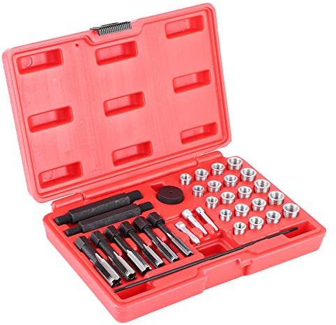 Cikonielf 33 Stück Glühkerzen-Reparatur-Set Gewinde-Reparatur-Set Gewindemuffen für Bohrmaschine Automatischer Motor M8 M10 M12 M14 Werkzeugset für Muffen
