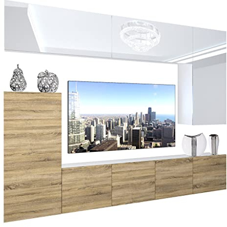 BELINI Wohnwand Wohnzimmer-Set Vollausstattung Moderne Schrankwand mit LED-Beleuchtung Anbauwand TV-Schrank Weiß ganzes Oberteil/Sonoma Eiche