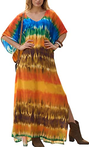 YouKD lång kaftan för kvinnor, sommarkaftan, bohemiskt och etniskt mönster, maxiklänning, strandkläder, bikiniskydd, täckande kläder, kläder som skyddar mot solen, en storlek