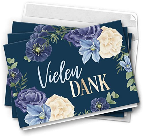 10 Dankeskarten mit Umschlag - Motiv Flowers on Petrol - moderne Klappkarten Danksagungen, Danke sagen, bedanken, Dankeschön Karten