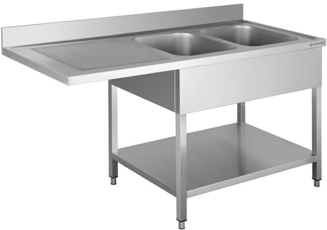 GastroHero Spülzentrum, 2 Becken, 160x60 cm, Edelstahl SPZT-BASIC16X6R2 | 2 Becken rechts 40x40 cm, Abtropffläche links, mit 10 cm Aufkantung & Grundboden, für Gastronomie & Profi-Küche