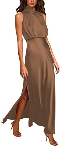 Sommerkleid Damen Satin Kleid Ärmellos Krawatte Taille Elegante Cocktail Party Langer schlank Kleid Lang Abendkleider Elegant für Hochzeit Cocktailkleid Elegant Knielang Satin Partykleid