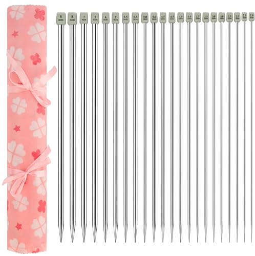 Curtzy 22er-Pack Aluminium Stricknadeln - Stricknadel Set mit 35cm Nadellänge - Einspitzige lange gerade Nadeln 2-8mm - 11 Größen 2 von jeder Größe - für Anfänger und Experten