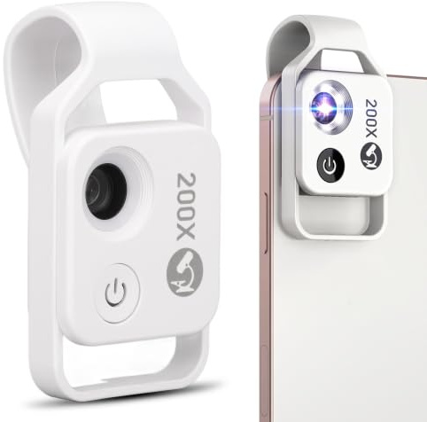 200X Phone Microscope with CPL Lens and LED Light, 200X Microscope with Universal Phone Clip, A Good Microscope to Enjoy Microworld for Kids and Adults, for Students Science (White)
