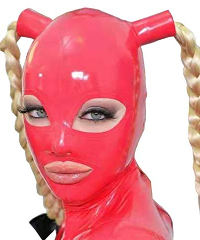 Extrem Bondage Maske Latexmaske mit Einer Sexy Perücke Handgefertigt Vollmaske Lassen Atemlöcher Sklave Fetisch Maske Abstinenz BDSM Maske für Cosplay Bühnenshow Halloween Maske,L,Red