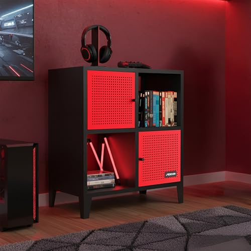 X-Rocker Mesh-Tek Metal Sideboard Display Cabinet, Square 4 Cube Storage Locker Media Unit with 2 Cupboard Doors and 2 Shelves - Black & Red