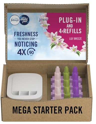 Febreze 3Volution Plug In Air Freshener Starter Kit + 4 Refills, (20mlx4), Odour Fighter & Bathroom Air Freshener, Lily Breeze, Plug In Refills 3Volution
