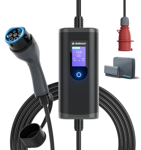 bokman Typ 2 Ladekabel mit CEE Stecker, 8 Meter | 6-16A | 11kW | 3-Phasig | IP65 Wasserdicht, Tragbares EV-Ladegerät und Mobile Wallbox Ladestation für IEC 62196-2 mit Tragetasche & Mikrofaserhandtuch