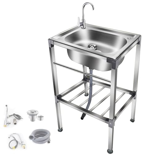 Lavatoio da Esterno in Acciaio Inox,Lavello Commerciale Indipendente con Rubinetto Acqua Calda e Fredda,Lavello per Interni ed Esterni per Lavanderia,Cucina,Garage,Giardino,Cortile (60×45×77 cm)