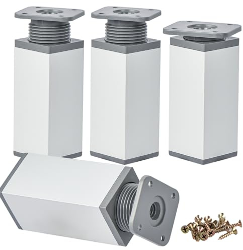 Btowin 6 inch Adjustable Square Furniture Legs, 0-20mm, Matte Silver 4 Pcs | Durable Aluminum Alloy, 0-20mm Adjustable Height, Supports 400lbs, Anti-Rust, Easy DIY for Cabinet, Desk, Sofa & Cupboard