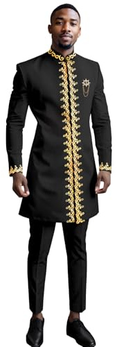 Men`s Suit Gold Embroidery Blazer and Pants Set Dashiki Jacket Traditional African Clothes with Chain, Black, L