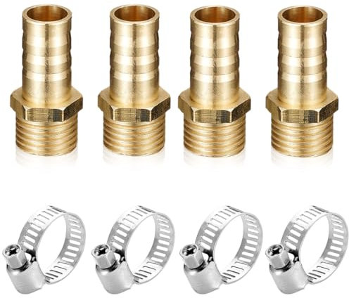 Ensemble de 4 raccords en laiton de 10mm de barbes x filetage extérieur BSP 1/4, avec 4 colliers de tuyau en acier inoxydable pour tuyaux d'air, de gaz et d'eau.