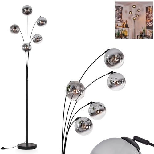 Stehleuchte Gastor, Stehlampe aus Metall/Glas in Schwarz/Chromfarben/Rauchfarben(Klar, Leuchte im modernen Design mit Schirmen aus Glas (Ø 15cm) u. Fußschalter, Höhe 210cm, 5 x E14, ohne Leuchtmittel