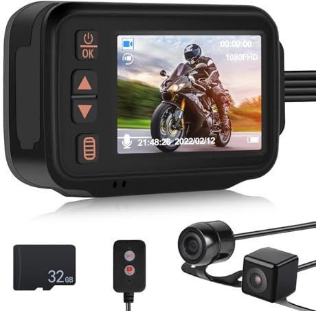 CAMECHO Motorcycle Camera Front and Rear IP65 Waterproof Motorbike Camera Dual Lens Motorbike Dash Cam with 32GB TF Card, 2 HD Display, Night Vision, G-Sensor, Loop Recording, DVR Dashcam