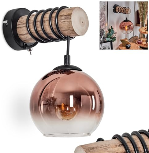 Wandleuchte Koyoto, Wandlampe aus Holz/Metall/Glas in Natur/Schwarz/Kupfer/Klar, Leuchte im Retro/Vintage-Design mit Schirm aus Glas (Ø 15 cm) u. An/-Auschalter am Gehäuse, 1 x E27, ohne Leuchtmittel