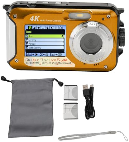 4K Waterproof Digital Camera with 64G Card Underwater Camera Autofocus 56MP Dual Screens 10ft Waterproof 16X Digital Zoom Card HD Underwear Camera (Yellow)