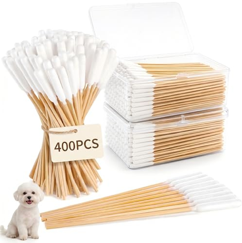 Mezchi 400 Stück lange Wattestäbchen für Ohren mit Holzstäbchen, 15,2 cm lange Hunde-Q-Spitzen, Hundeohr-Reinigungstücher, speziell entwickelte Ohrtupfer für Hunde, Katzen