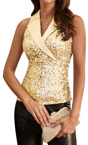 GRACE KARIN Women Elegant Sequin Tops Party Glitter Ruched Wrap Tops Sparkly Blouse for Christmas Night Dinner Champagne-Sequin XXL