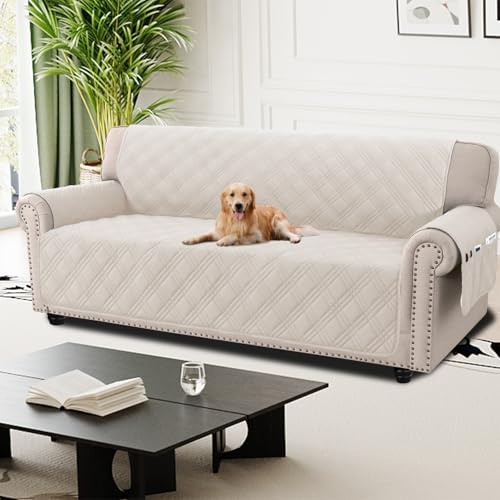 H.Versailtex Quilted Sofa Covers 4 Seater, 100% Waterproof Sofa Slipcovers with Pockets, Extra Large Couch Covers for Dogs Pets, Washable Sofa Protector with Elastic Strap, Frenchoak