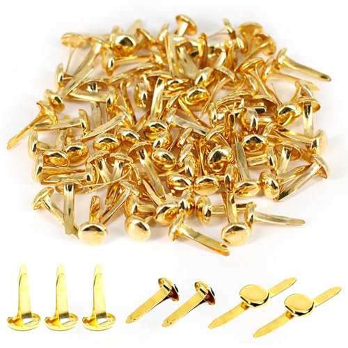 CANCYCC 100 Stück Mini Brads Musterbeutelklammern, 8 * 17mm Rundkopfklammern Gold Mini Brads Scrapbooking Musterklammern für Schule Büro Papier Briefklammern Basteln Handwerk DIY