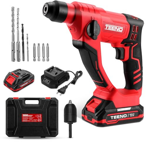 TEENO Marteau Perforateur Sans Fil SDS-Plus 20V,Φ14MM Dans le Béton, 1000 tr/min,Lampe de travail à LED avec 2 Batteries 2.0Ah et 1 Chargeur