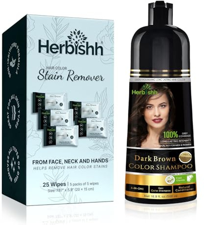 Herbishh At Home Hair Dye Kit - Colour Shampoo for Grey Hair 500mL - Hair Color Stain Remover Wipes – Gentle Formula for Dye Cleanup – Safe and Skin-Friendly (Dark Brown)