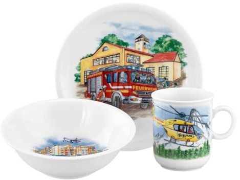 Seltmann Weiden 001.774989 Compact Blaulicht Kinder-Set 3-teilig, Teller (19 cm) Schale (16 cm) und Henkelbecher (250 ml) für Kinder, Porzellan, Bunt