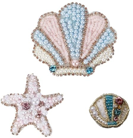 GORGECRAFT 1 Box 3 Stück 3 Stile Perlen Strass Aufnäher Meerestier Schale Seestern Zum Aufnähen Applikationen Perlen Dekorativer Bestickter Aufnäher Für Kleider Jeans Jacken Handtaschen Kleidung