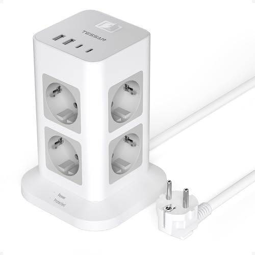 TESSAN 12 en 1 Regleta Enchufes, Torre Enchufes Vertical Proteccion Sobretension, 8 Tomas y 4 USB Regleta con Interruptor, Cargador USB C con 2M Extension Electrica para Casa, Oficina, 3600W