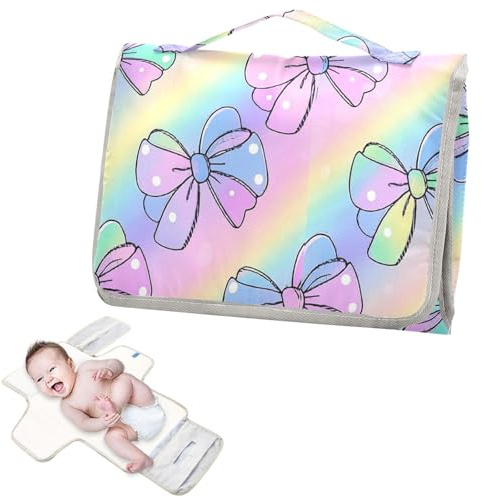 Wiederverwendbare Wickelunterlagen für Babys, mit Taschentuchtasche, wasserdichte Wickelunterlage für Babys, mit integriertem Kissen, Cartoon-Motiv, niedlich, gepunktet, Schleife, Regenbogen