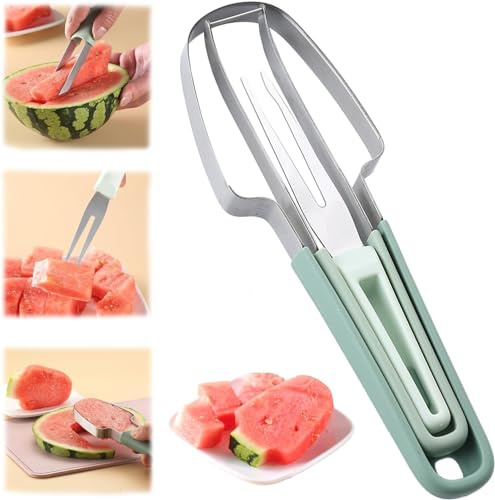3-in-1 Watermelon Fork Slicer Cutter, Stainless Steel Watermelon Popsicle Cutter Watermelons Cutters Slicer Tool Melon Cutterr Knife Portability Fruit Fork for Camping Kitchen Gadgets (Green)
