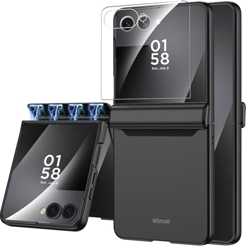 Miimall for Samsung Galaxy Z Flip 7 Case with Screen Protector & Magnetic Hinge Protection, Hard PC Slim Thin Shockproof Anti-Scratch Full Body Protective Cover Phone Case for Samsung Flip 7-Black