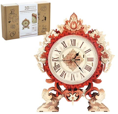 Lilcubics 3D Holzpuzzles für Erwachsene Modellbausatz Flamme Blume Uhr, Mechanische Modellbau Kit DIY Hobbys für Frauen Männer, Vintage Wanduhr Puzzle Geburtstagsgeschenk für Erwachsene Handwerk