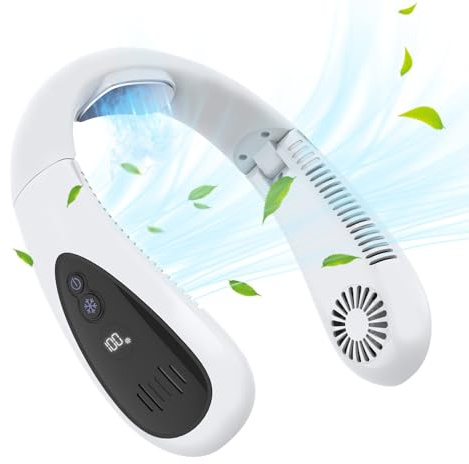 Ventilateur de cou portable avec plaque de refroidissement, flux d'air à 360°, 5 500 mAh, pliable, rechargeable, 3 vitesses, sans pales, pour l'intérieur, l'extérieur, les voyages et le sport (blanc)