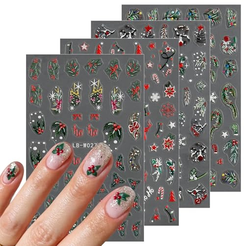 JMEOWIO Nagelsticker Weihnachten Baum Feiertag 4 Blatt Nail Art Sticker Selbstklebend Nagelaufkleber Dekoration Nageldesign Zubehör