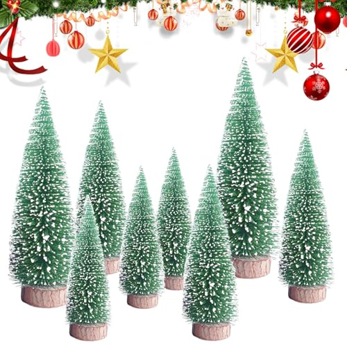 8pcs Mini Sapin de Noël, Sapin de Noel Miniature, Mini Arbre de Noël avec Base en Bois, Artificielles Mini sapins de Noël, pour Une décoration de fête de Noël