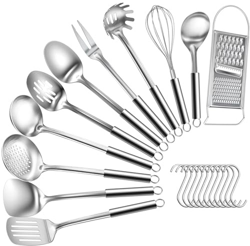 Bestdin Küchenhelfer Set – 22 Teilig Küchenutensilien aus Edelstahl, Hitzebeständig Kochlöffel Set mit Haken, Spülmaschinenfest&Hochglanzpoliert, Enthält küchenzubehör wie Suppenkelle, Pfannenwender