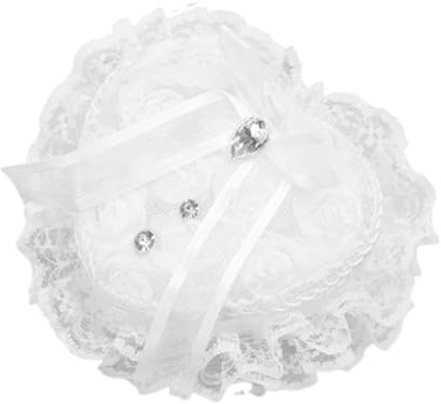DOKRIN Cojines para anillos, Caja para anillos de boda en forma de corazón, almohada para anillos de boda con lazo de encaje y pedrería (blanca)
