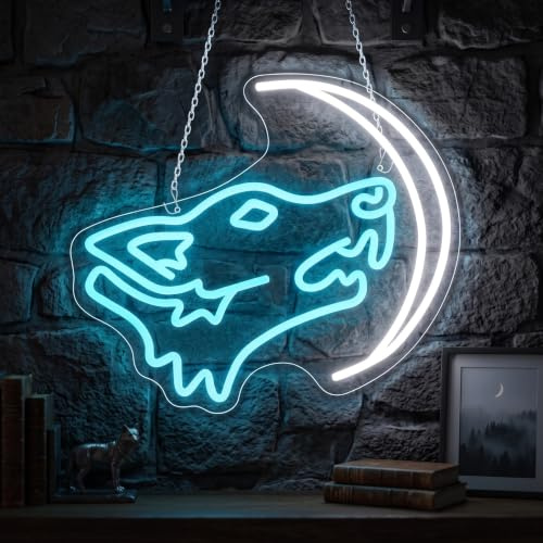 Lobo Con Letrero Neón Cabeza Azul y Luna LED Letrero de Neón de Animal para Decoración de Pared Luz de Neón cerveza Pub Cueva de Hombre Restaurante Fiesta Regalo Cumpleaños Decoración Niños
