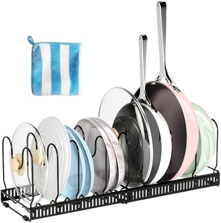 Siocok Expandable Pans Organiser Rack, Expandable Pan Organiser Rack for Cupboard with 10 Dividers Expandable Pot Lid Rack, Multi-Functional Desktop Retractable Pot Lid Rack, with Cleaning Cloth