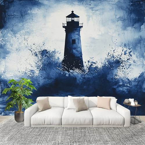 Mural Papel Pintado 3D 400x280cm Silueta De Faro En El Mar Fotomurales Tejido No Tejido Antiarrugas Póster Azul Y Blanco Murales Fotográfico Moderno Decoración de Paredes