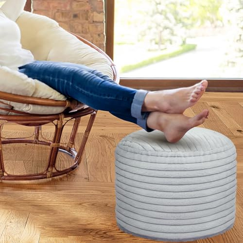 VBGYA Round Stuffed Pouf Ottoman Foot Rest for Couch Round Ottoman with Foam Chunk Filling Stripe Faux Fur Ottomans for Living Room Floor (20x15,Light Grey)