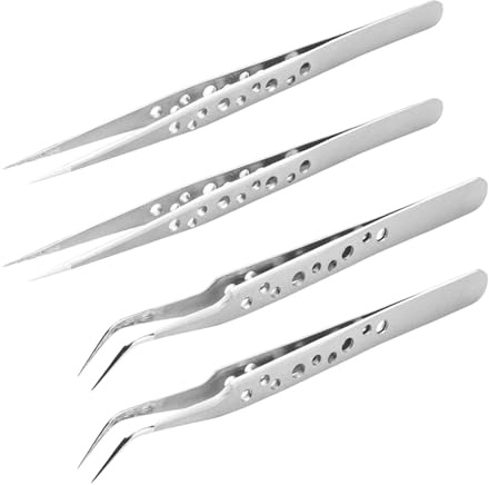 4 pinzas puntiagudas, pinzas de precisión, pinzas curvas, pinzas de acero inoxidable antiestáticas, 2 rectas, 2 curvas, pinzas de precisión, pinzas de punta, para pinzas de modelismo, bricolaje